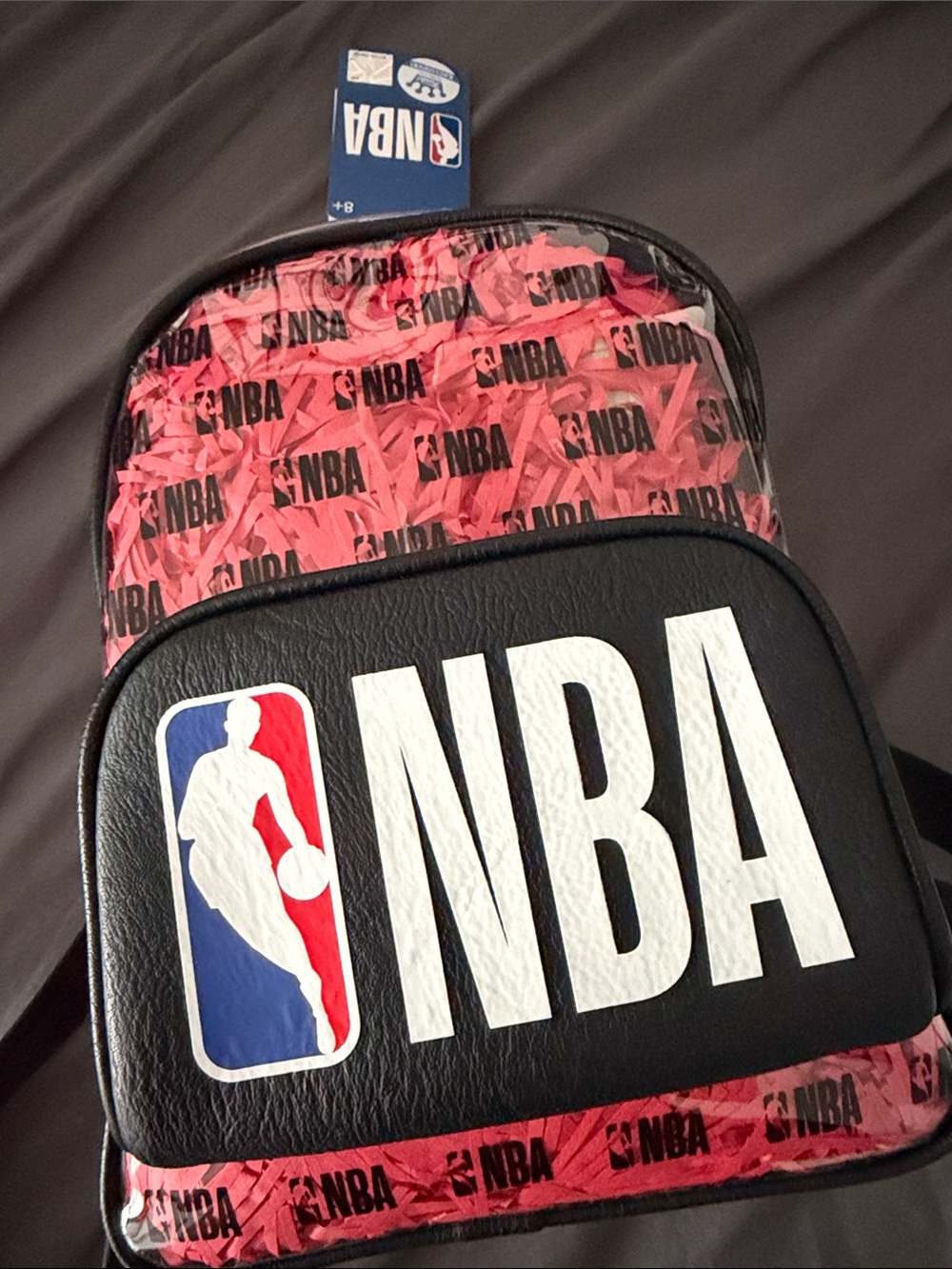 NBA Black and Pink Logo Backpack with incased Dennis Rodman funko pop